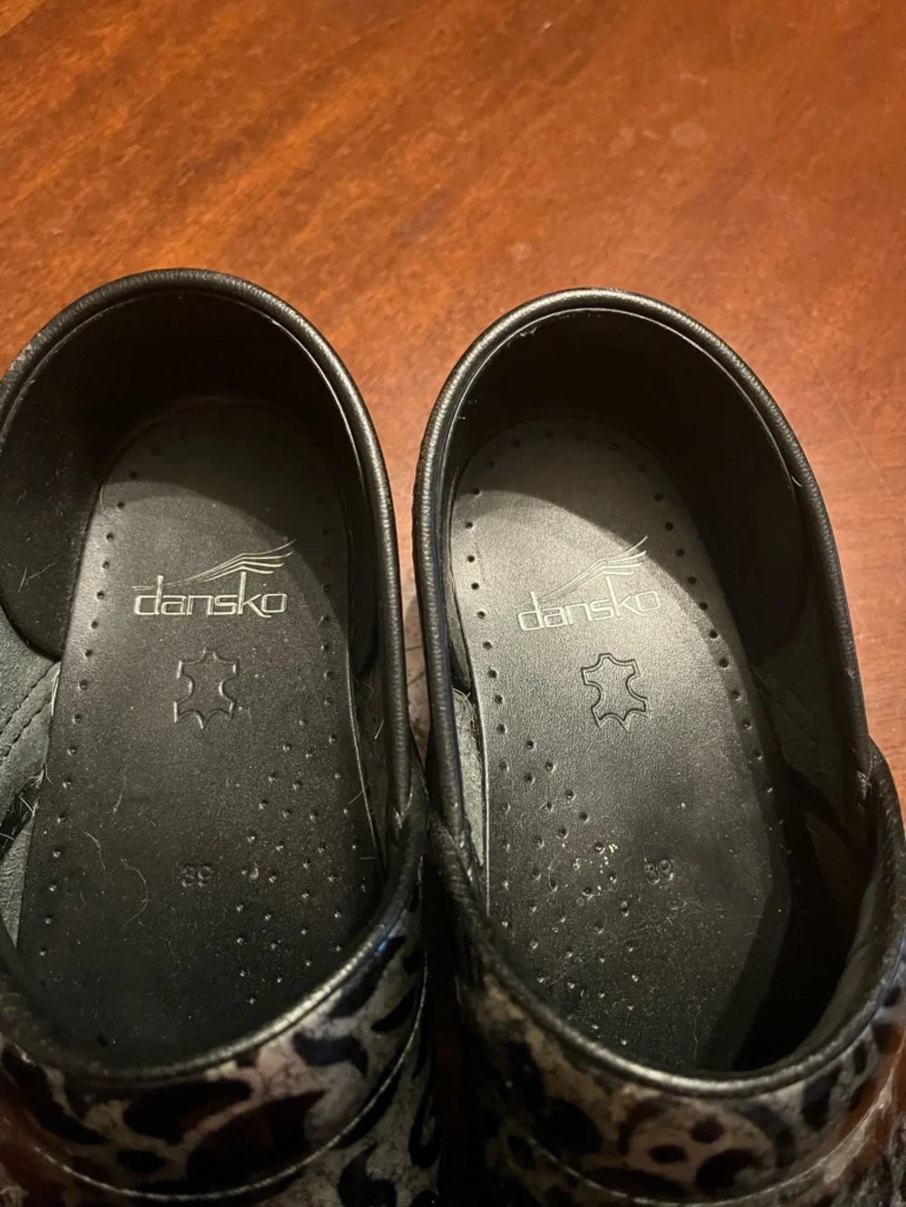 Dansko Black and Silver Floral Patent Clogs with Metallic Accents - Picture 5 of 7